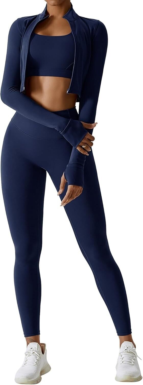 AGYMNX Workout Sets Womens 3 Piece High Waisted Seamless Leggings Crop Jacket, M