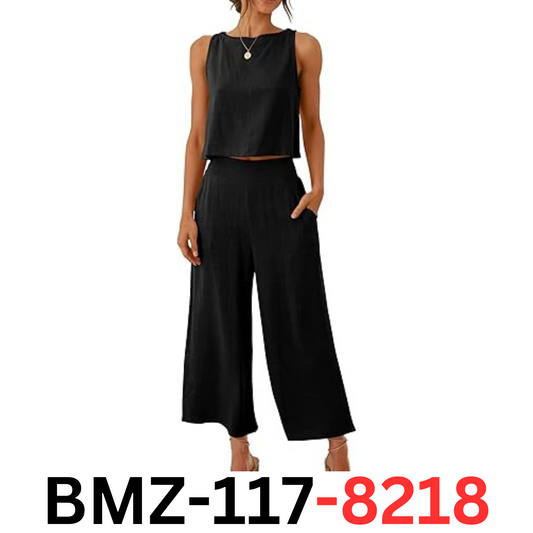 ANRABESS Women Summer 2 Piece Outfits Sleeveless Crop Top Capri Wide Leg Pants M