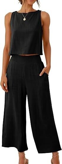 ANRABESS Women Summer 2 Piece Outfits Sleeveless Crop Top Capri Wide Leg Pants M