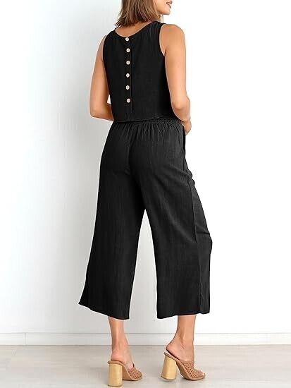 ANRABESS Women Summer 2 Piece Outfits Sleeveless Crop Top Capri Wide Leg Pants M