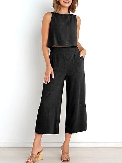 ANRABESS Women Summer 2 Piece Outfits Sleeveless Crop Top Capri Wide Leg Pants M
