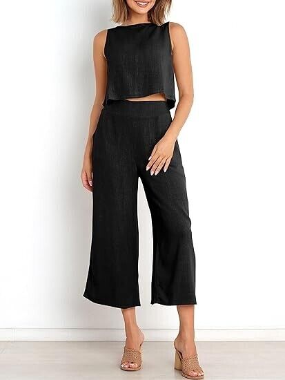 ANRABESS Women Summer 2 Piece Outfits Sleeveless Crop Top Capri Wide Leg Pants M