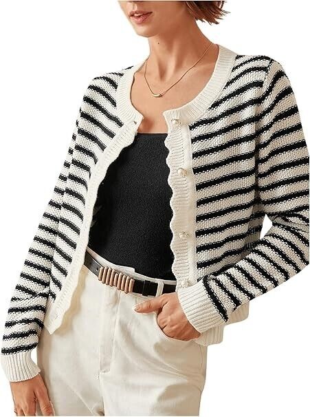 COZYEASE Women's Frenchy Striped Pattern Lightweight Cardigan Open Sweater Large