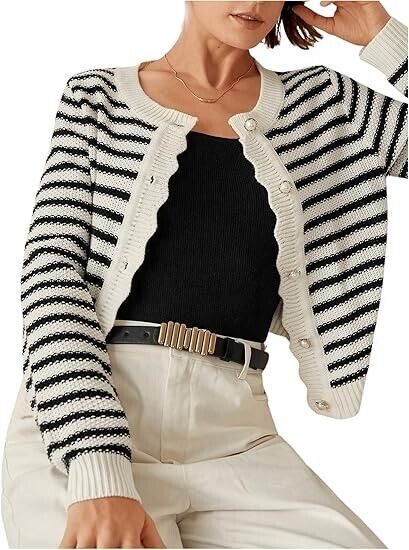 COZYEASE Women's Frenchy Striped Pattern Lightweight Cardigan Open Sweater Large