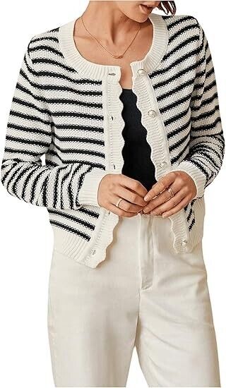 COZYEASE Women's Frenchy Striped Pattern Lightweight Cardigan Open Sweater Large