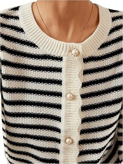 COZYEASE Women's Frenchy Striped Pattern Lightweight Cardigan Open Sweater Large