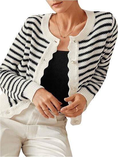 COZYEASE Women's Frenchy Striped Pattern Lightweight Cardigan Open Sweater Large