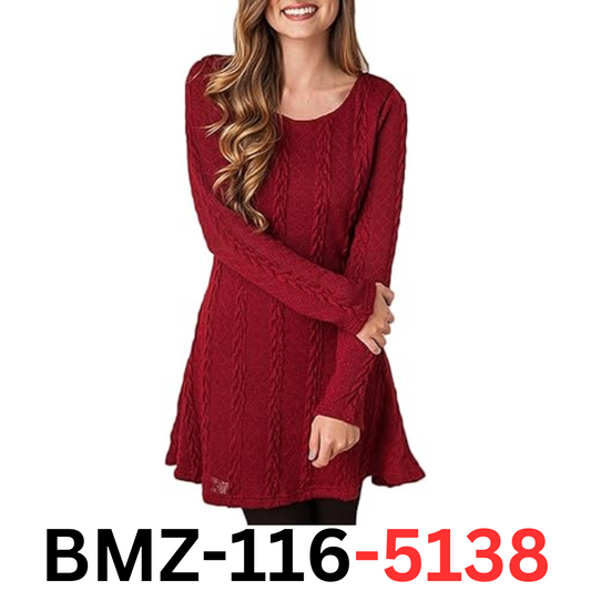 Women Fashion Cable Knitted Sweater Long Sleeve Crew Neck Pullover Dress, Large