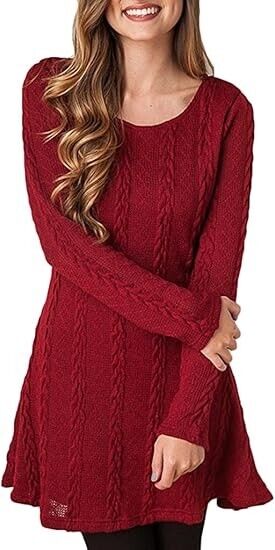 Women Fashion Cable Knitted Sweater Long Sleeve Crew Neck Pullover Dress, Large