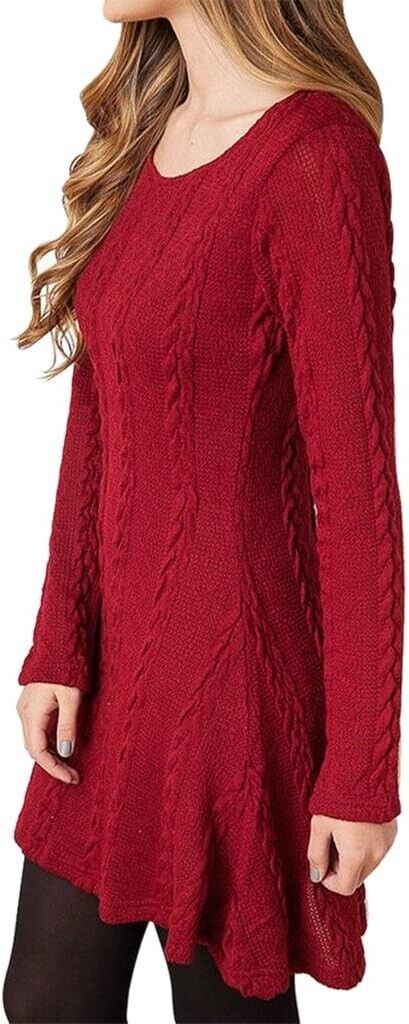 Women Fashion Cable Knitted Sweater Long Sleeve Crew Neck Pullover Dress, Large