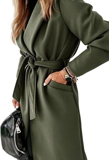 Womens Classic Coat Lapel Collar Open Front Belted Long Jacket Army Green XXL