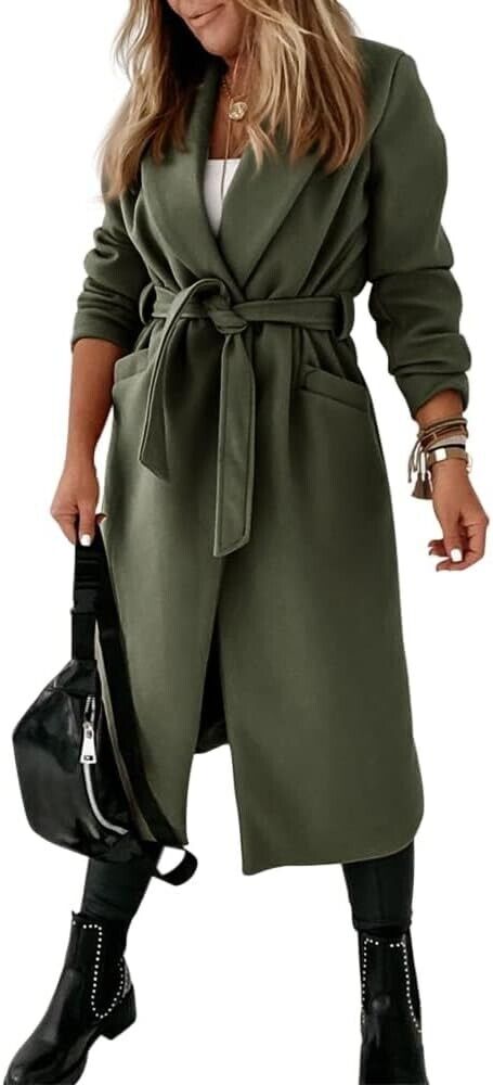 Womens Classic Coat Lapel Collar Open Front Belted Long Jacket Army Green XXL