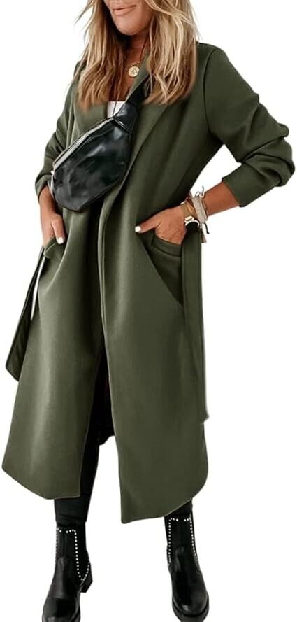 Womens Classic Coat Lapel Collar Open Front Belted Long Jacket Army Green XXL