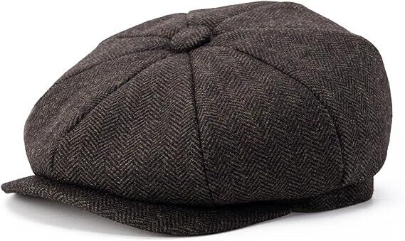 BOTVELA Men's 8 Panel Wool Blend Newsboy Flat Cap Herringbone Tweed Hat - 7 1/8