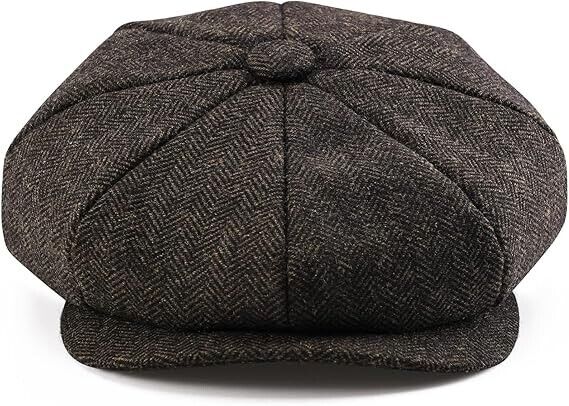 BOTVELA Men's 8 Panel Wool Blend Newsboy Flat Cap Herringbone Tweed Hat - 7 1/8