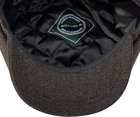 BOTVELA Men's 8 Panel Wool Blend Newsboy Flat Cap Herringbone Tweed Hat - 7 1/8