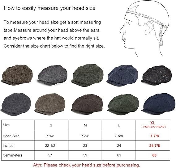 BOTVELA Men's 8 Panel Wool Blend Newsboy Flat Cap Herringbone Tweed Hat - 7 1/8
