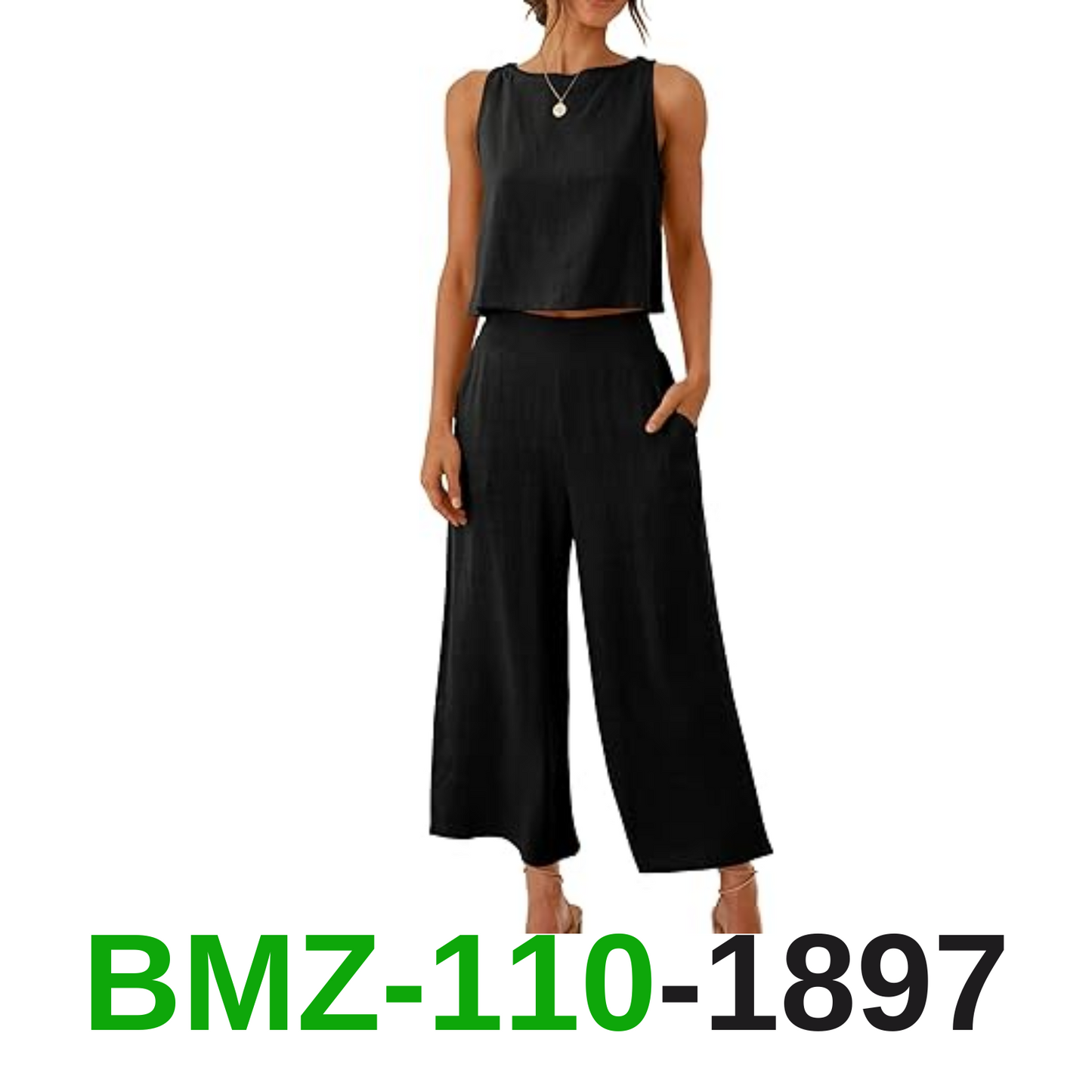 ANRABESS Women's Summer 2 Piece Outfits Sleeveless Crop Top Capri Wide Leg, M