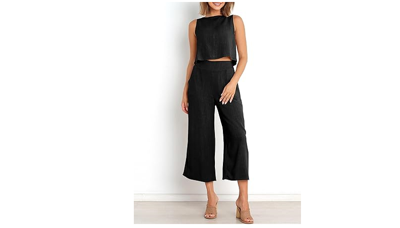ANRABESS Women's Summer 2 Piece Outfits Sleeveless Crop Top Capri Wide Leg, M