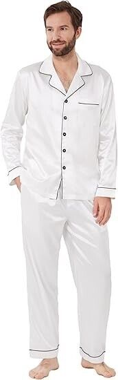 YIMANIE Mens Pajamas Silk Satin Pajamas Soft Sleepwear Button Down Loungewear, L