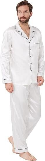 YIMANIE Mens Pajamas Silk Satin Pajamas Soft Sleepwear Button Down Loungewear, L