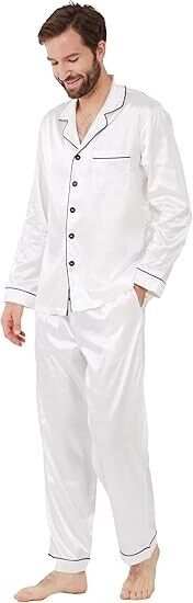 YIMANIE Mens Pajamas Silk Satin Pajamas Soft Sleepwear Button Down Loungewear, L