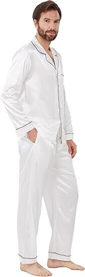 YIMANIE Mens Pajamas Silk Satin Pajamas Soft Sleepwear Button Down Loungewear, L