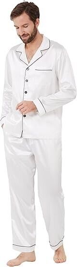 YIMANIE Mens Pajamas Silk Satin Pajamas Soft Sleepwear Button Down Loungewear, L