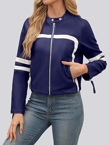 ANRABESS Women's Faux Leather Jackets Zip Up Stand Collar Cropped Biker Coat, L