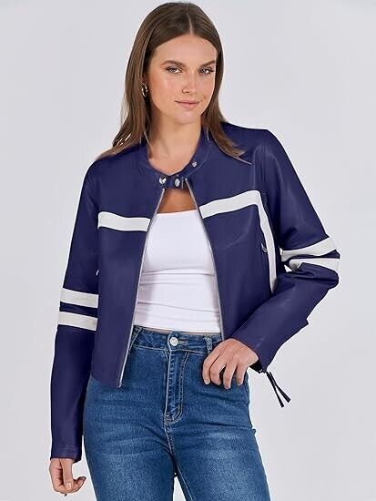 ANRABESS Women's Faux Leather Jackets Zip Up Stand Collar Cropped Biker Coat, L