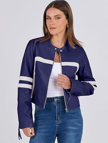 ANRABESS Women's Faux Leather Jackets Zip Up Stand Collar Cropped Biker Coat, L