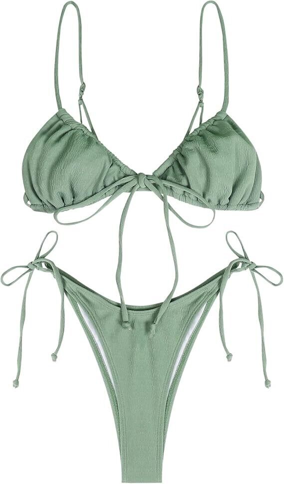 ZAFUL Ribbed Braided Straps Tanga Cheeky Bikini Swimwear, Light Green-82, Large