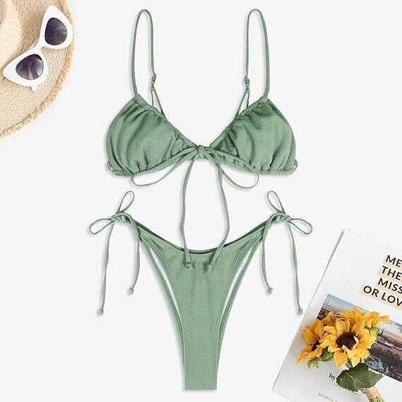 ZAFUL Ribbed Braided Straps Tanga Cheeky Bikini Swimwear, Light Green-82, Large