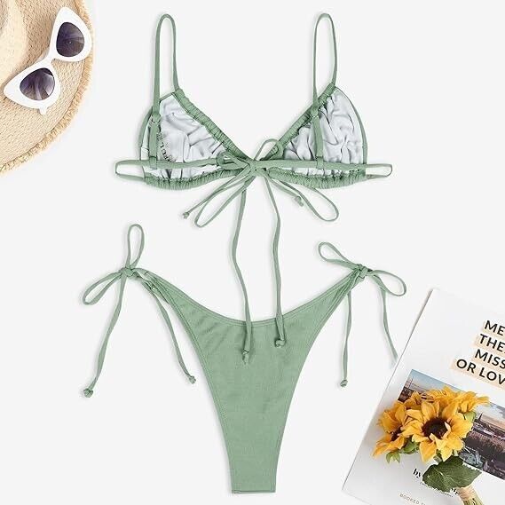 ZAFUL Ribbed Braided Straps Tanga Cheeky Bikini Swimwear, Light Green-82, Large