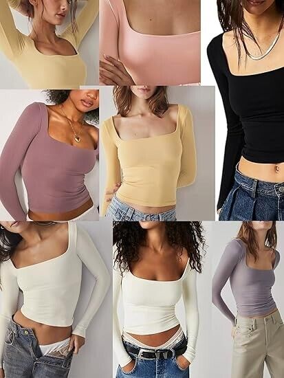 Dwnval Women's Sexy Long Sleeve Crop Square Neck Double Lined Slim Fit T-Shirt M