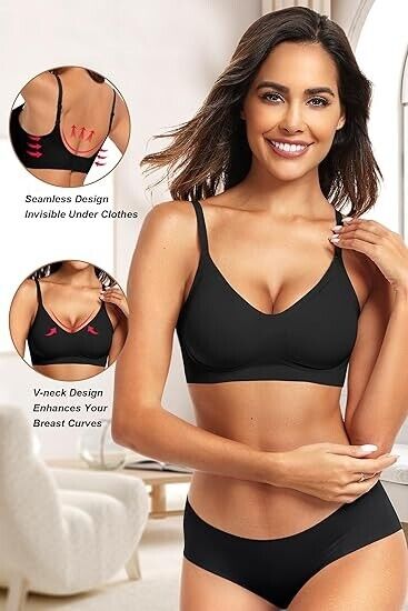 Vertvie Women's Seamless Bra No Underwire Comfort Push Up Wireless Bra Black, XL