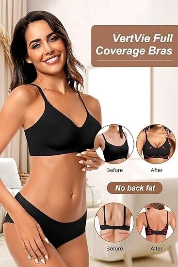 Vertvie Women's Seamless Bra No Underwire Comfort Push Up Wireless Bra Black, XL