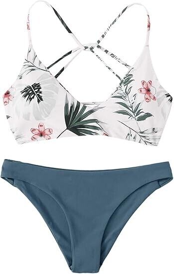 SweatyRocks Women's Sexy Bathing Suit Floral Print Cross Back Bikini Swimsuit, M