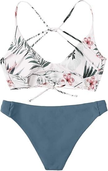 SweatyRocks Women's Sexy Bathing Suit Floral Print Cross Back Bikini Swimsuit, M
