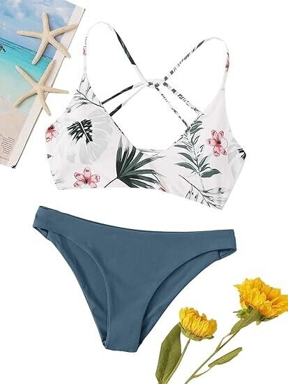 SweatyRocks Women's Sexy Bathing Suit Floral Print Cross Back Bikini Swimsuit, M