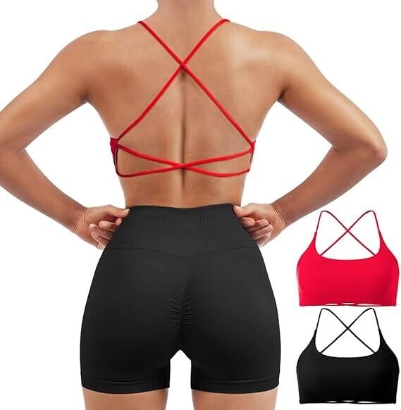 SUUKSESS Women 2 Piece Open Back Sports Bra Pack Strappy Workout Yoga Crops, M