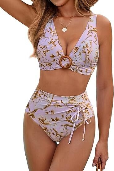 BMJL Women's High Waisted Bikini Sets Pink Floral Two Piece V-Neck Swimsuit, L