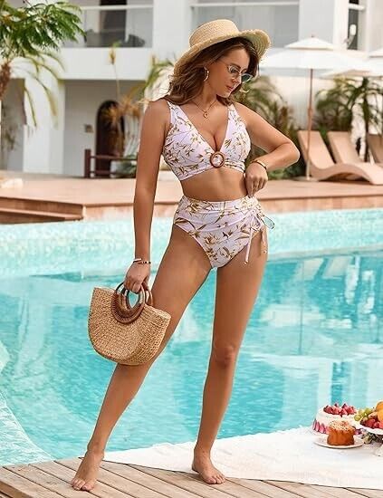 BMJL Women's High Waisted Bikini Sets Pink Floral Two Piece V-Neck Swimsuit, L