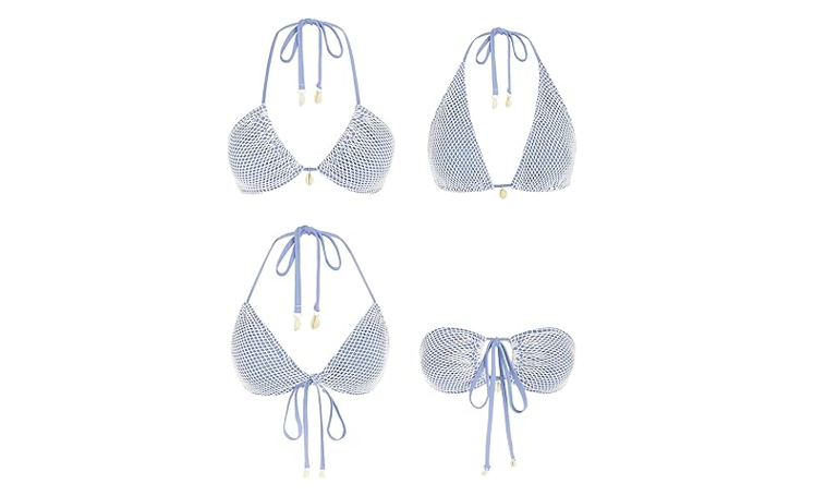 ZAFUL Women's Triangle Bikini Multiway Fishnet Tie Side Bandeau Halter String, L