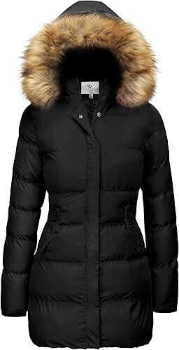 WenVen Women's Bulky Winter Thicken Jacket with NO Fur Trim Hood (Black,M)