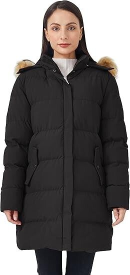 WenVen Women's Bulky Winter Thicken Jacket with NO Fur Trim Hood (Black,M)