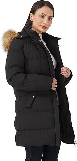 WenVen Women's Bulky Winter Thicken Jacket with NO Fur Trim Hood (Black,M)