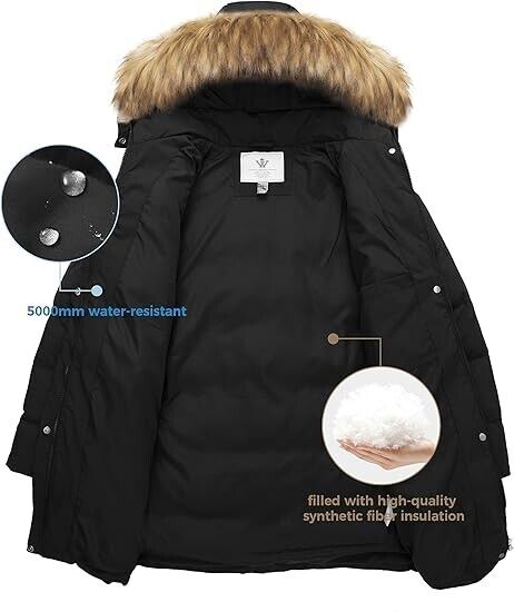 WenVen Women's Bulky Winter Thicken Jacket with NO Fur Trim Hood (Black,M)