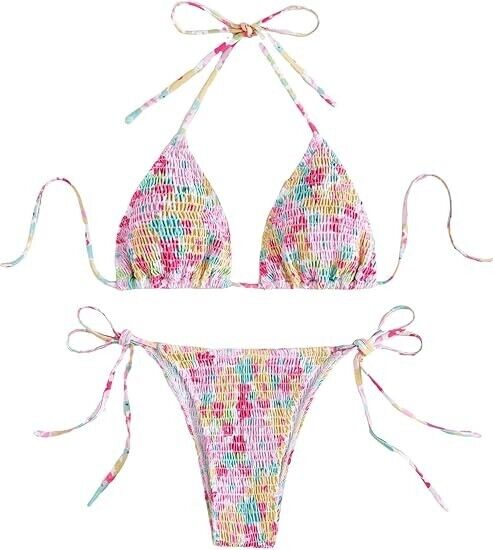 COZYEASE Women's 2 Piece Floral Bikini Sets Smocked Drawstring Side Swimsuit, M