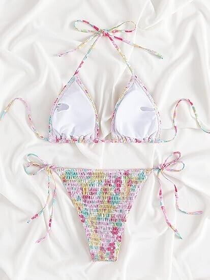 COZYEASE Women's 2 Piece Floral Bikini Sets Smocked Drawstring Side Swimsuit, M